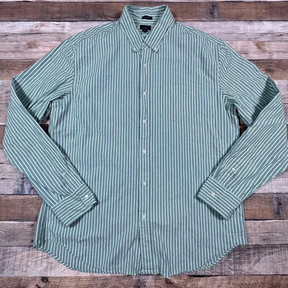 J.Crew Flex Washed Shirt Mens‎ XL Classic Fit Green White Striped Button Down